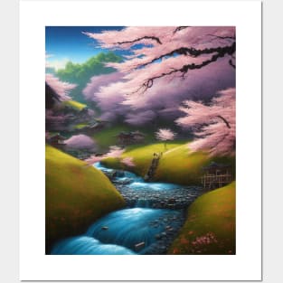 Peaceful Cherry Blossom Landscape Posters and Art